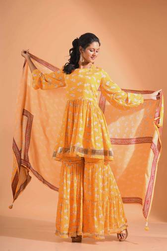 Rani pinted kurta and Palazzo with dupatta set stitched