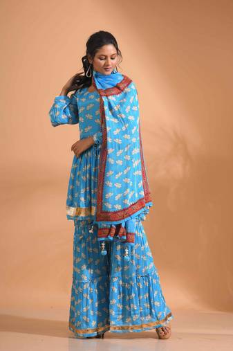 Sky blue pinted kurta and Palazzo with dupatta set stitched