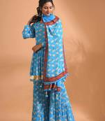 Sky blue pinted kurta and Palazzo with dupatta set stitched
