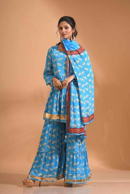 Sky blue pinted kurta and Palazzo with dupatta set stitched 2