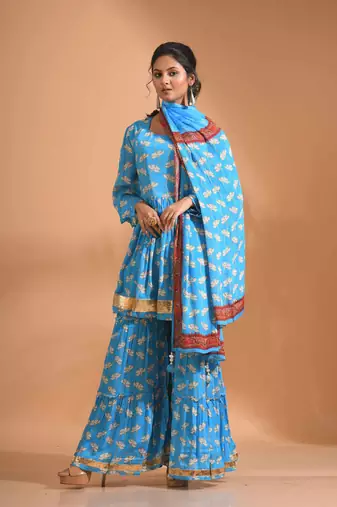 Sky blue pinted kurta and Palazzo with dupatta set stitched