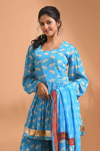 Sky blue pinted kurta and Palazzo with dupatta set stitched