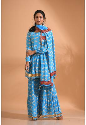 Sky blue pinted kurta and Palazzo with dupatta set stitched 4
