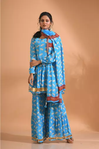 Sky blue pinted kurta and Palazzo with dupatta set stitched