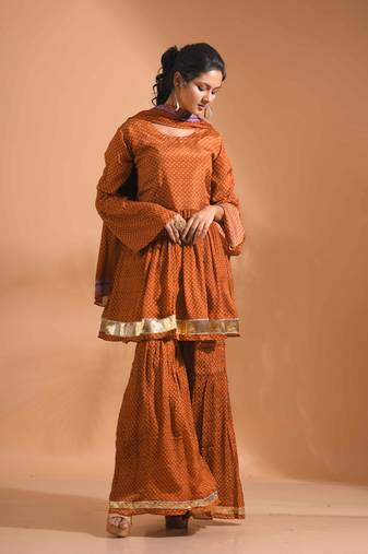 Red Handwork kurta and Palazzo with dupatta set stitched