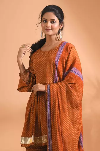 Red Handwork kurta and Palazzo with dupatta set stitched