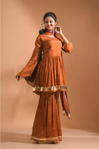 Red Handwork kurta and Palazzo with dupatta set stitched