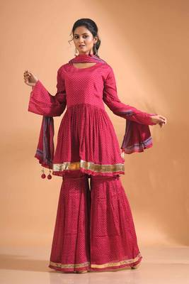 Maroon pinted kurta and Palazzo with dupatta set stitched 1