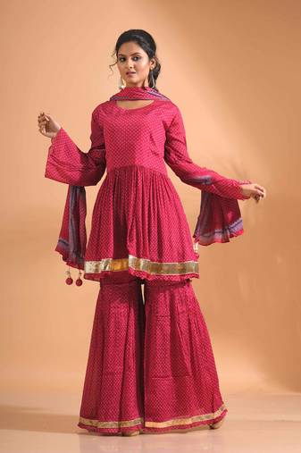 Maroon pinted kurta and Palazzo with dupatta set stitched