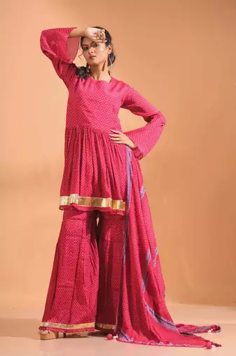 Maroon pinted kurta and Palazzo with dupatta set stitched