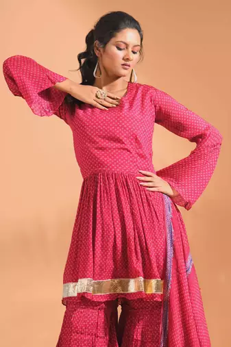 Maroon pinted kurta and Palazzo with dupatta set stitched