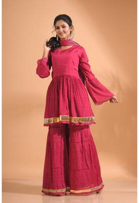 Maroon pinted kurta and Palazzo with dupatta set stitched 4