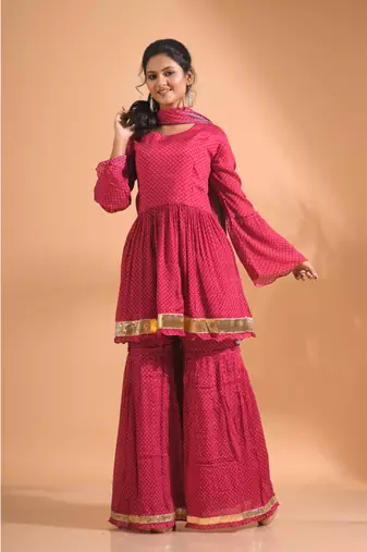 Maroon pinted kurta and Palazzo with dupatta set stitched