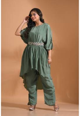 Green kaftan set with pant with printed 2