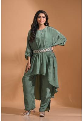 Green kaftan set with pant with printed 3