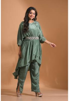 Green kaftan set with pant with printed 4