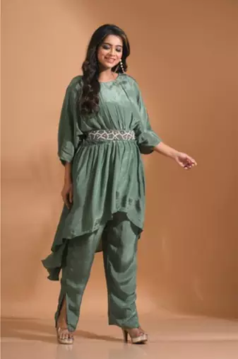 Green kaftan set with pant with printed