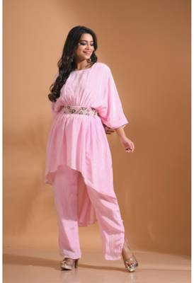 Light pink kaftan set with pant with printed 1