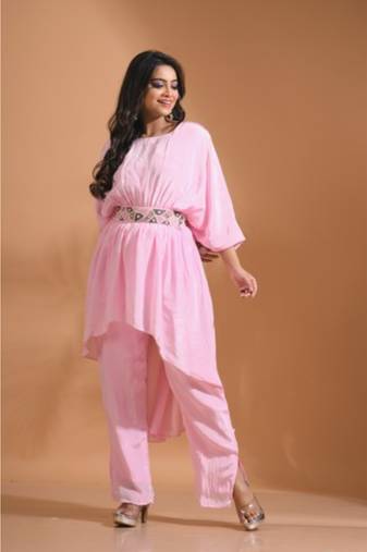 Light pink kaftan set with pant with printed
