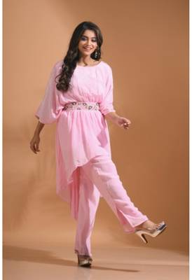 Light pink kaftan set with pant with printed 2