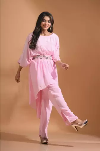 Light pink kaftan set with pant with printed