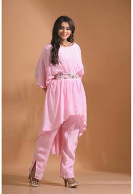 Light pink kaftan set with pant with printed 3