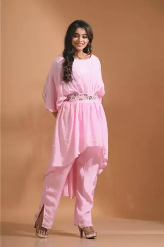Light pink kaftan set with pant with printed