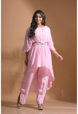 Light pink kaftan set with pant with printed 4