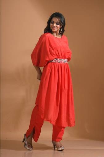 Light blue kaftan set with pant in printed