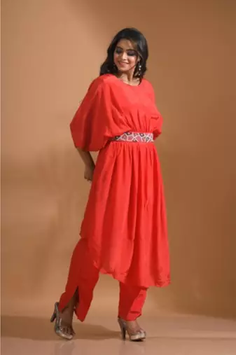 Light blue kaftan set with pant in printed