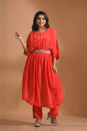 Light blue kaftan set with pant in printed