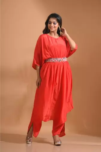 Light blue kaftan set with pant in printed