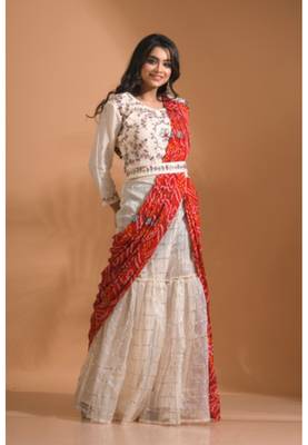 Cream sharara set attached with dupatta with hand embroidery 2