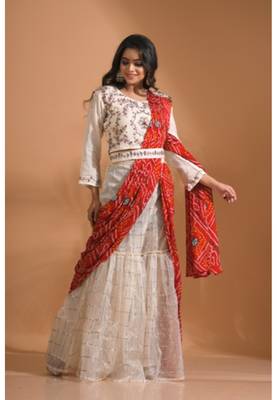Cream sharara set attached with dupatta with hand embroidery 3