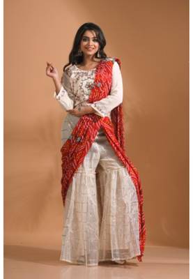 Cream sharara set attached with dupatta with hand embroidery 4