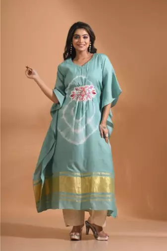 Green  kaftan set with emroidiery with printed
