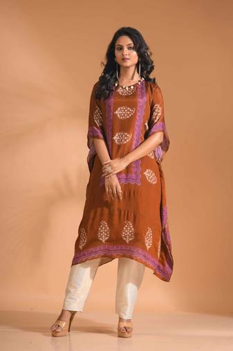 Mustard kaftan set with printed