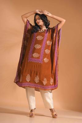 Mustard kaftan set with printed 2