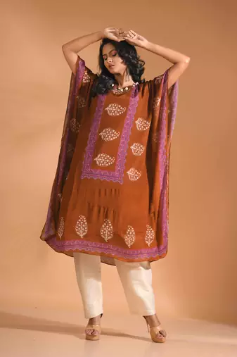 Mustard kaftan set with printed