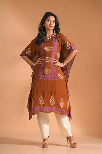 Mustard kaftan set with printed