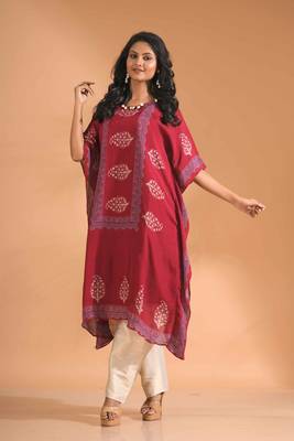 Maroon  kaftan set with printed 2