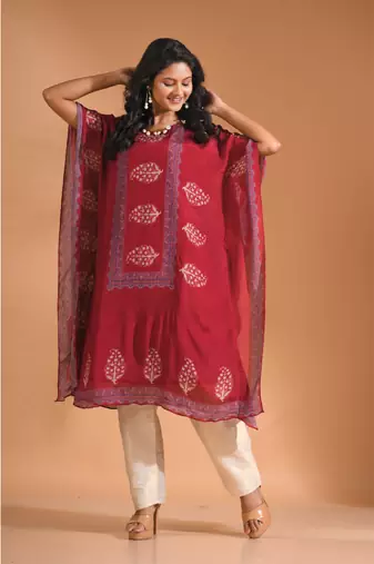 Maroon  kaftan set with printed