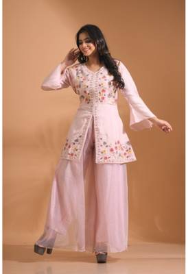 Peach  plazo set with hand embroidery 1