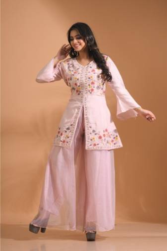 Peach  plazo set with hand embroidery