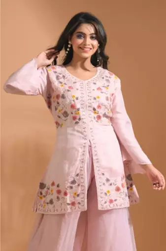 Peach  plazo set with hand embroidery