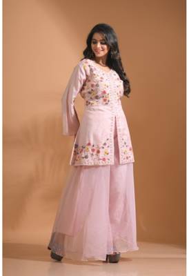 Peach  plazo set with hand embroidery 3