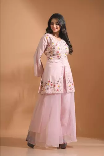 Peach  plazo set with hand embroidery