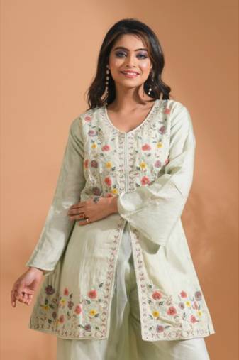 Green  plazo set with hand embroidery