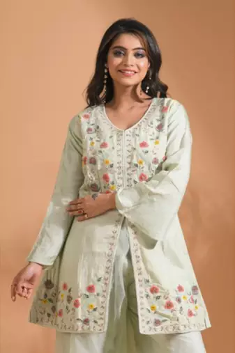 Green  plazo set with hand embroidery