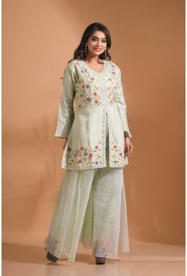 Green  plazo set with hand embroidery 2